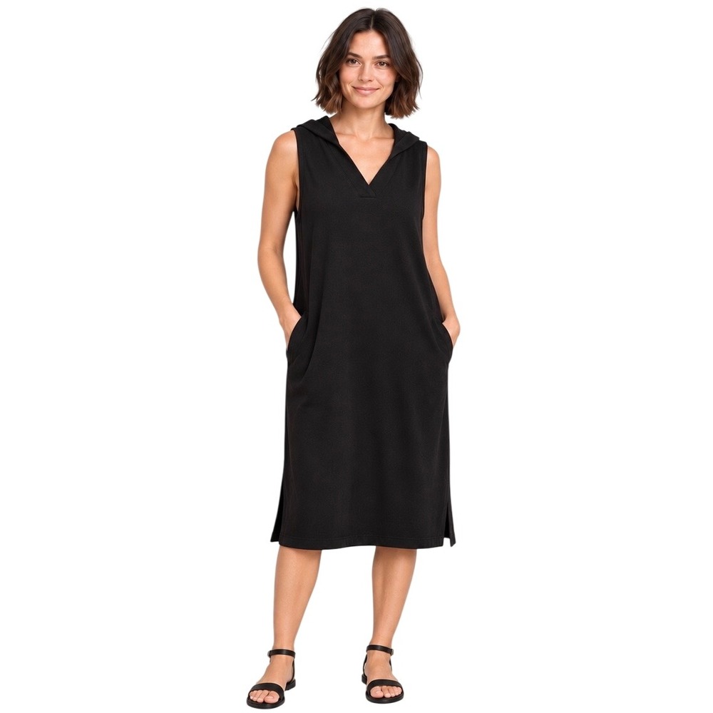 PACT Organic Cotton Airplane Hooded Midi Dress Black XL Sleeveless Travel